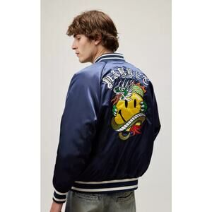 Market Smiley Souvenir Satin Bomber Jacket Blue Embroidered Graphics Mens 2XL